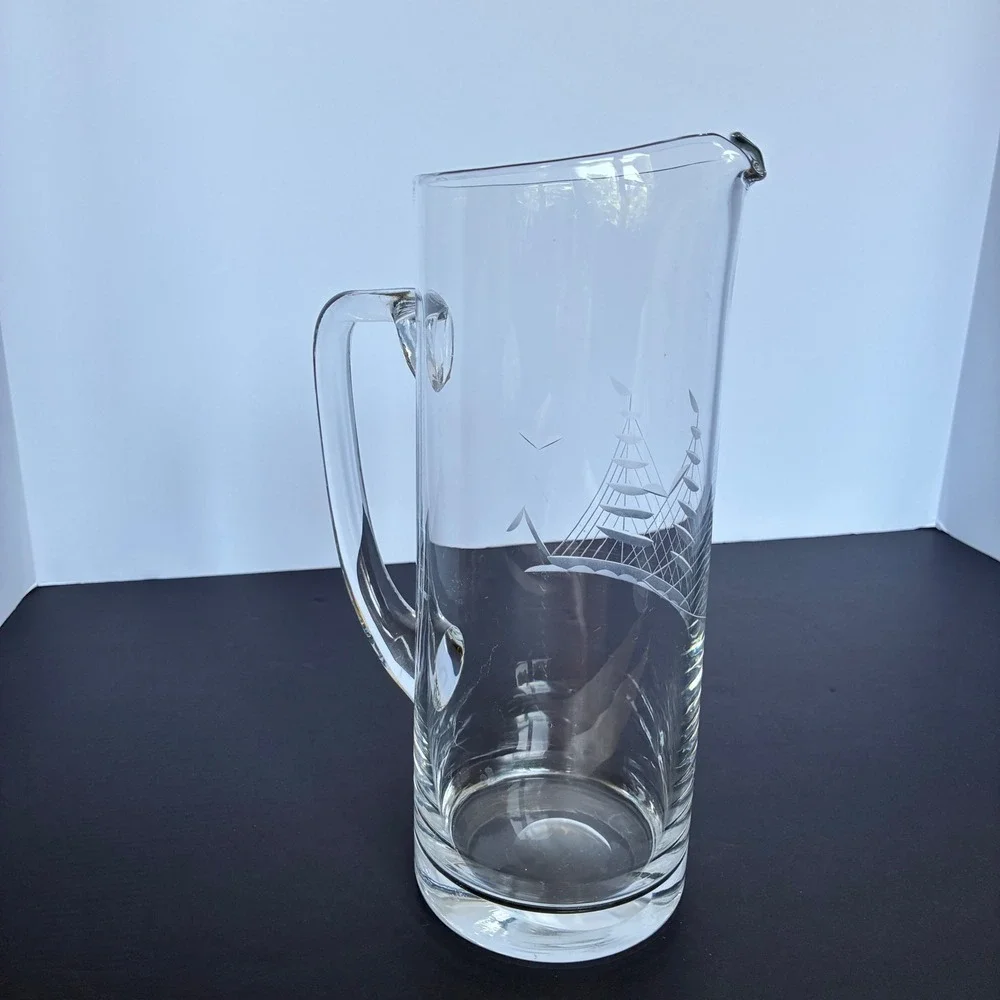 MidCentury Glass Pitcher Etched Sailboat Nautical Coastal Barware Maritime Beach